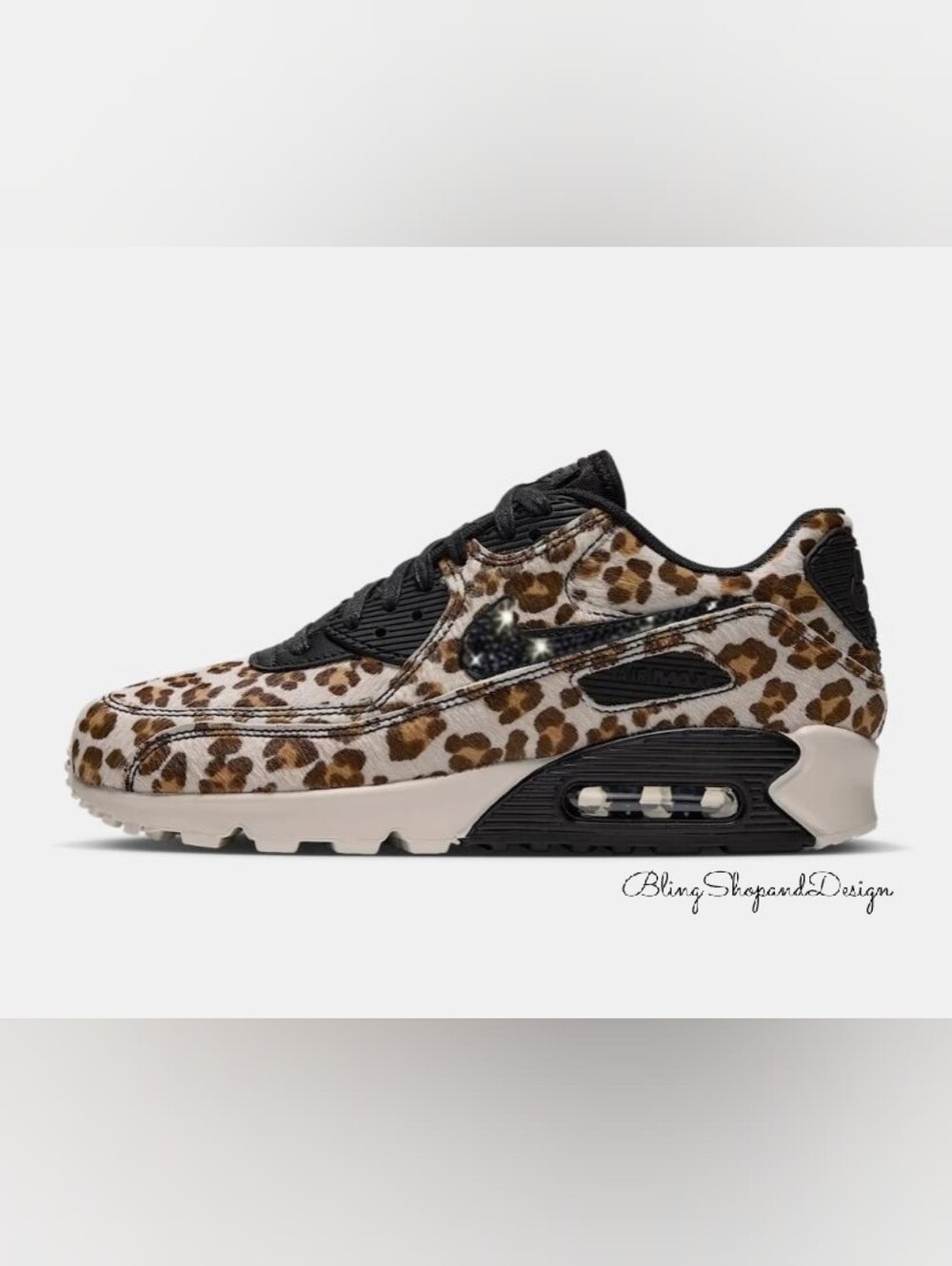 Air Max 90 Leopard Print Women’s Athletic Sneaker Black & Brown With Crystals